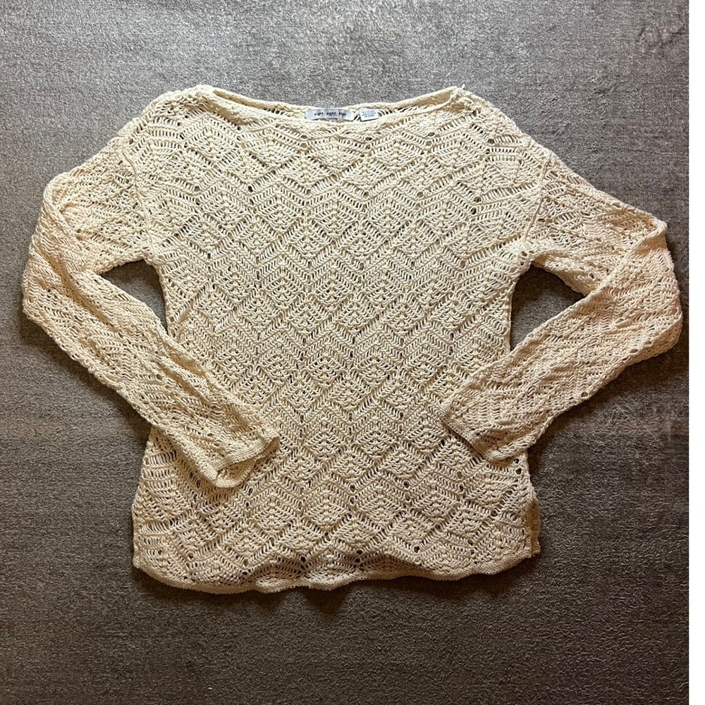 Eight Eight Eight Ivory Gold Metallic Open Knit Crochet Sweater Large